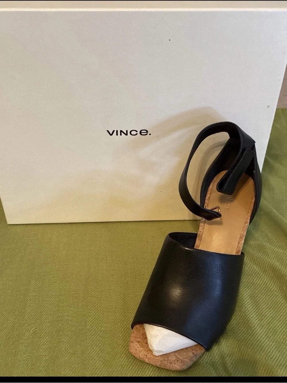 Vince Black Leather Open-Toe Cork Platform Slingback